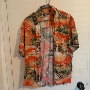 Authentic Hawaiian shirt, orange sunset and island design